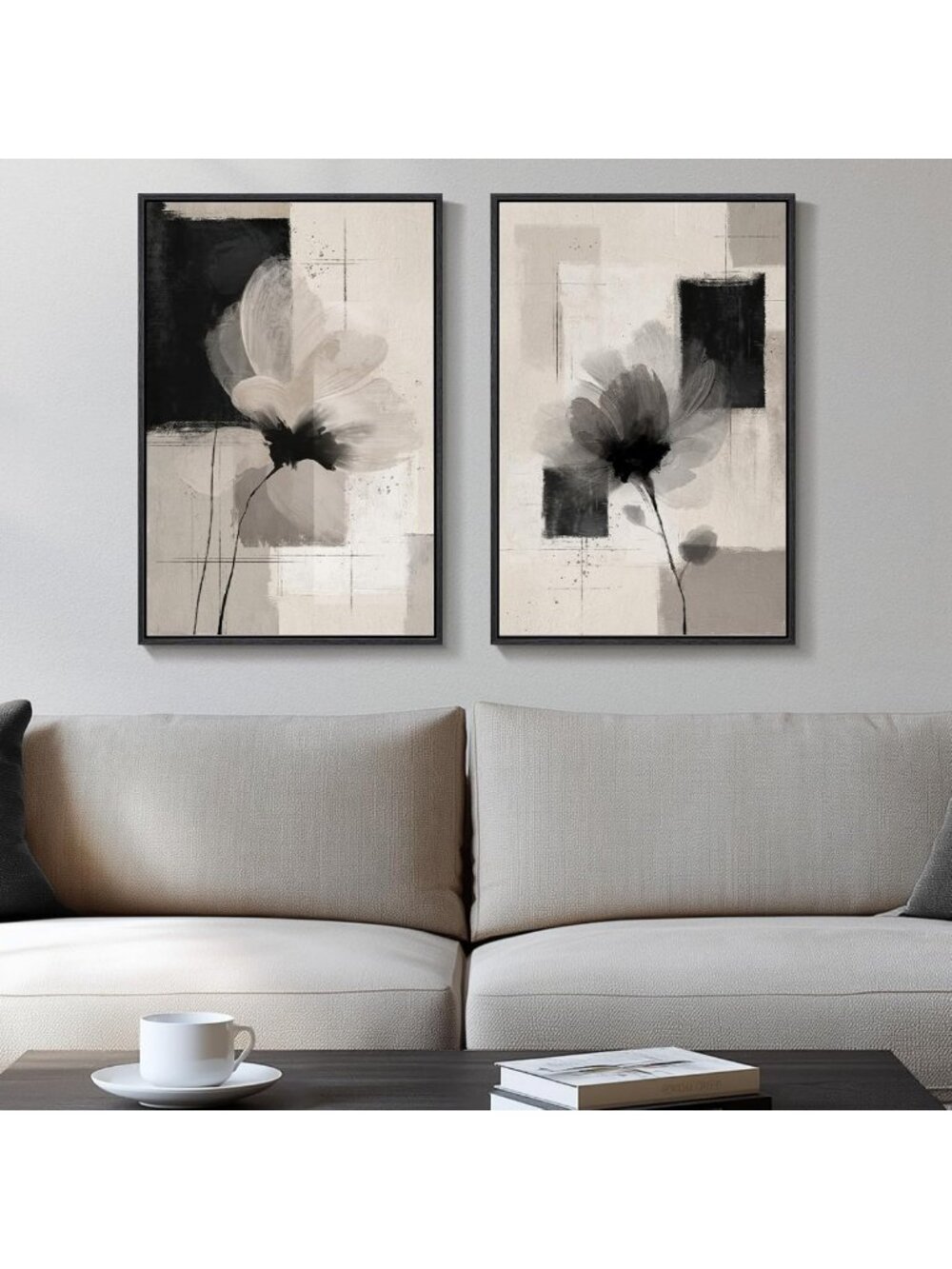 Set of 2 Framed Neutral Abstract Floral Wall Art Decor for Bedroom, 16x24